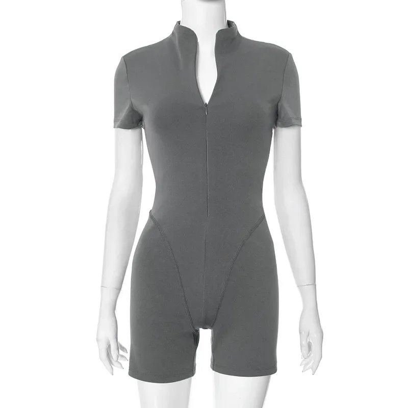 여성 솔리드 스키니 피트니스 운동 Playsuits 하프 하이 칼라 짧은 소매 지퍼 슬림 캐주얼 Rompers 패션 streetwear 전체