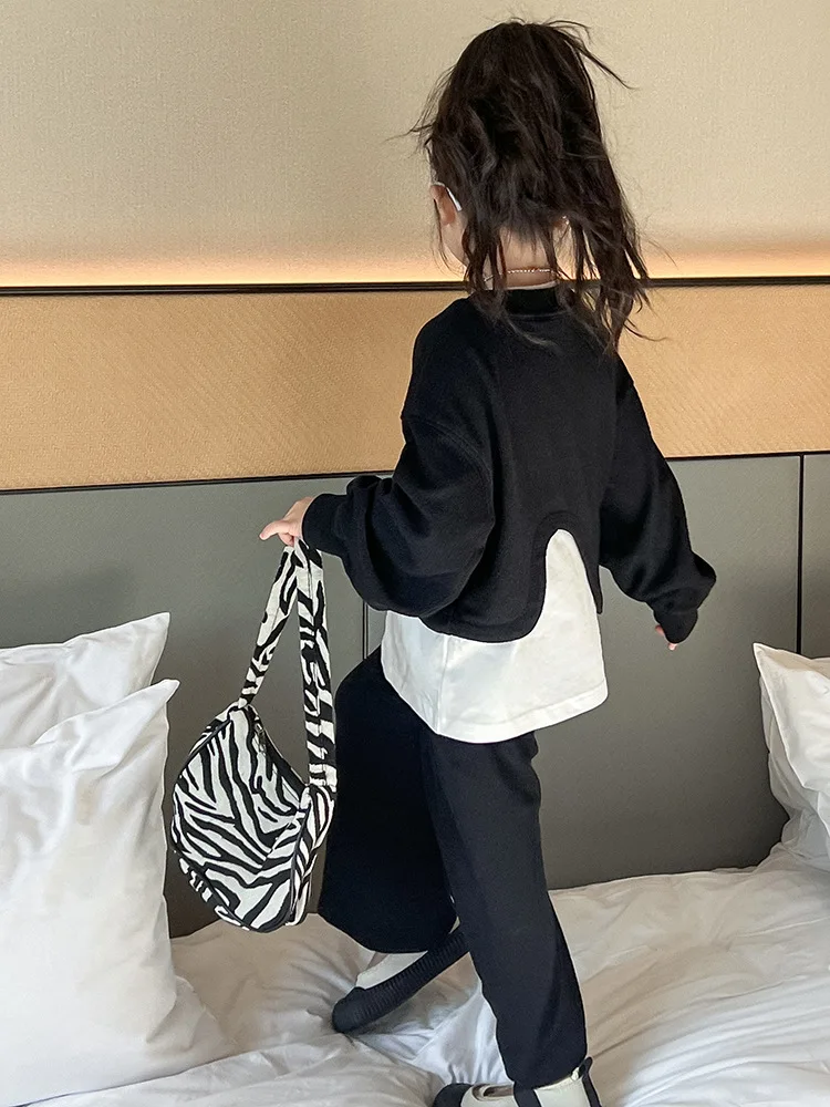 Girls' Trendy Assorted Colors False-Two-Piece Sweater2024Autumn New Versatile Casual Pants Two-Piece Fashion Children's Clothing image 3