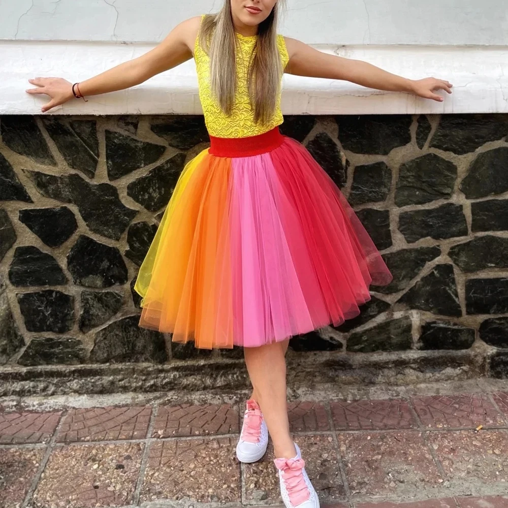 BABYONLINE Rainbow Skirts 5 Layers Tulle Petticoat Multicolored Tutu Bachelorette Party Colorful Halloween Costumes Casual