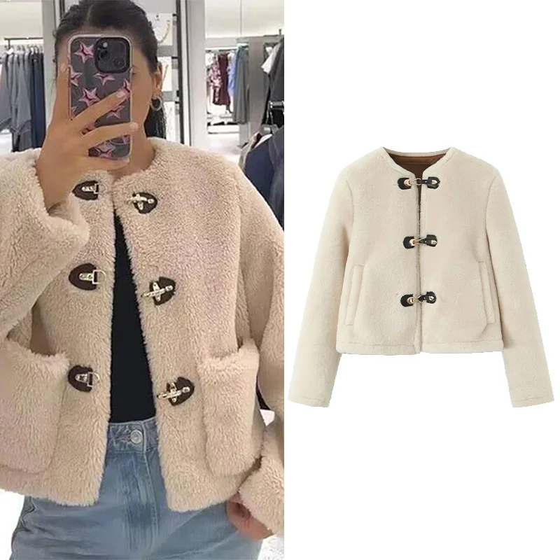 

Женская двусторонняя куртка с переключателями из искусственного меха, осенняя простая женская короткая куртка с длинным рукавом и круглым вырезом, модные женские пальто