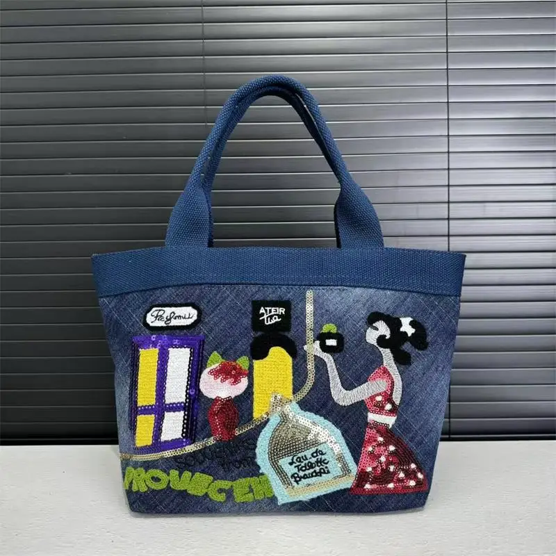 

Women Embroidered Blue Handbag Stylish Versatile Gradient Crossbody Bag Large Capacity Magnetic Zipper Lightweight Shopping Bag