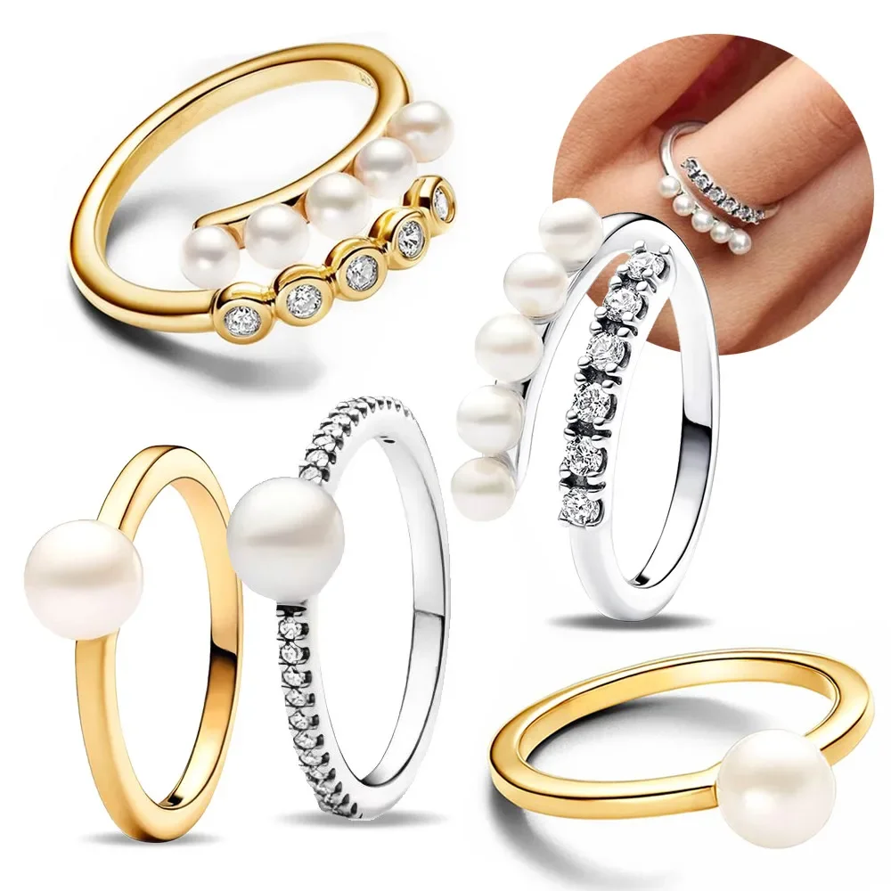 

Silver 925 Gold Pearl Rings Set Trendy Elegant Fashion Ring for Women Parties Festivals Gifts Daily Anniversary Jewelry Fine