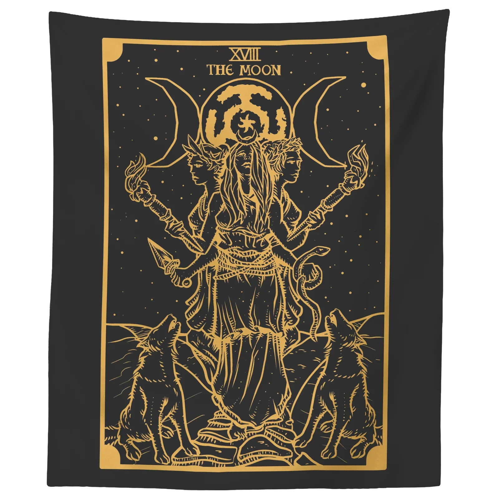 

Gold Hecate Tarot Card Tapestry Hekate Triple Moon Goddess Wall Art