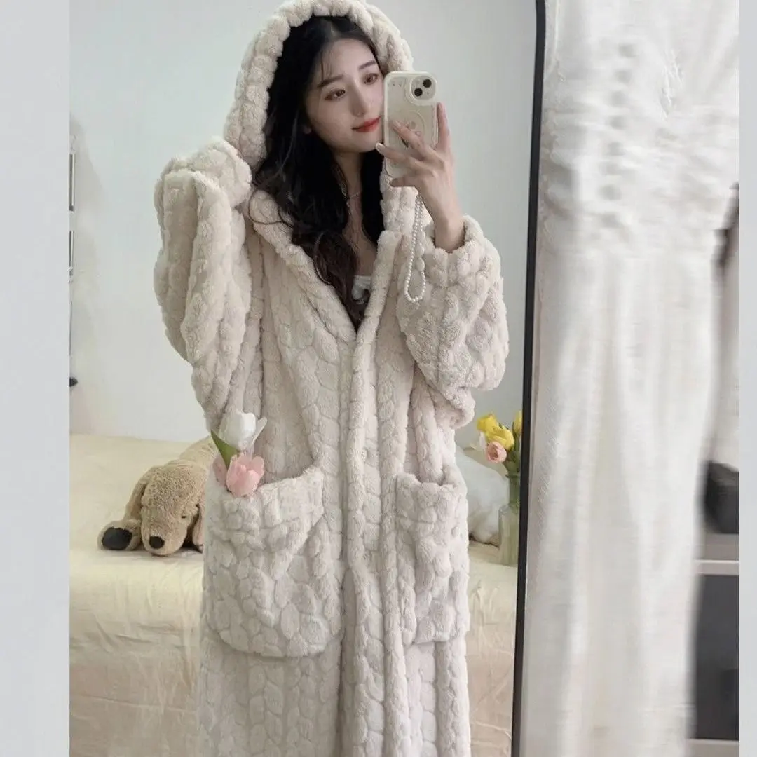 Winter Loose Pocket Robe for Women Nightdress Warm Fleece Pajama One Piece Hooded Sleeping Solid Home Wear