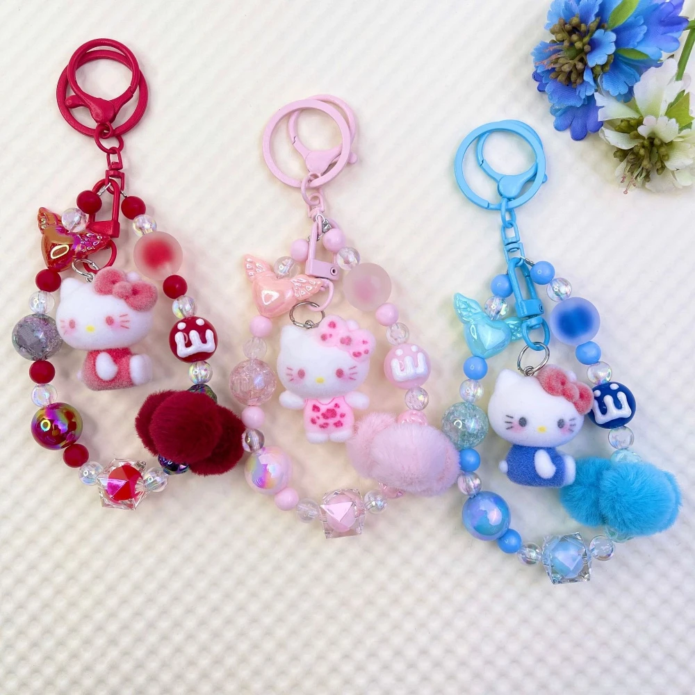 

Creative Flocking Hello Kitty Mobile Phone Chain, Hairball Beaded Mobile Phone Lanyard, Keychain, Bag Pendant