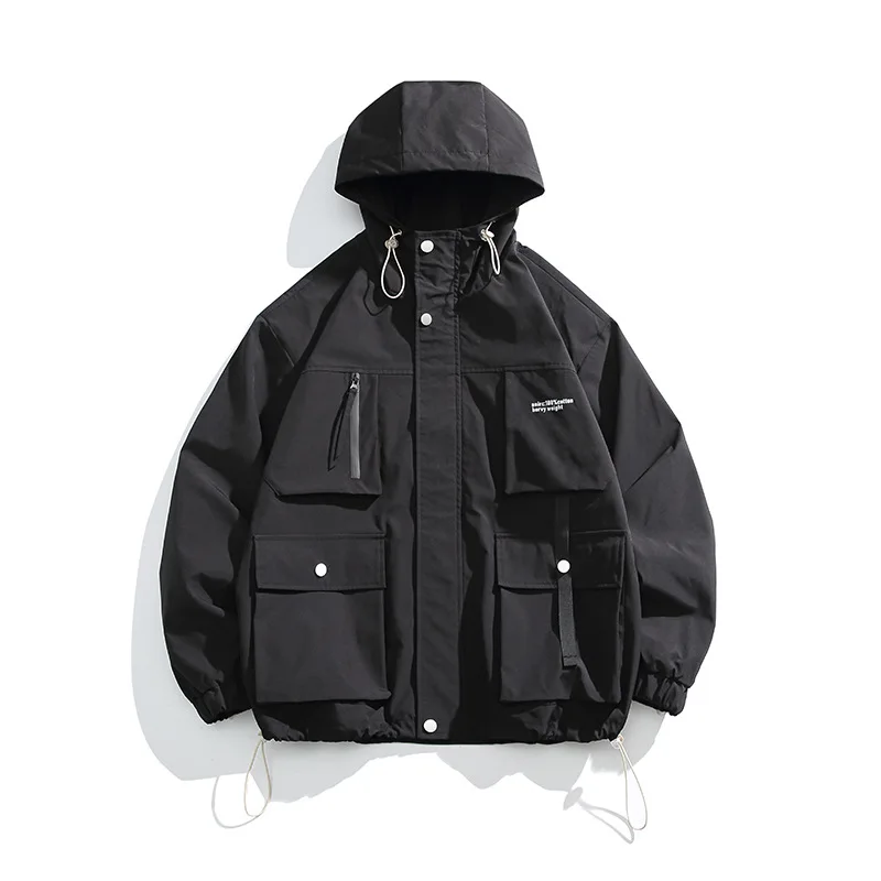 

Man Autumn Cargo Coat Letter Printed Pocket Long Sleeve Zipper Men Hooded Jacket Fashion Oversize Outdoor Sport Male Outerwear