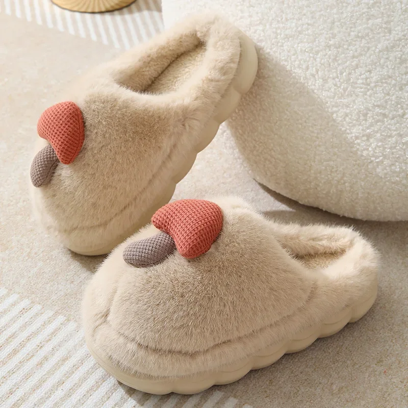 Cute Thicken Plush Mushroom Slippers Winter Warm Soft Thick Bottom Women Cotton Slides Fluffy Platform Comfort Indoor Slippers