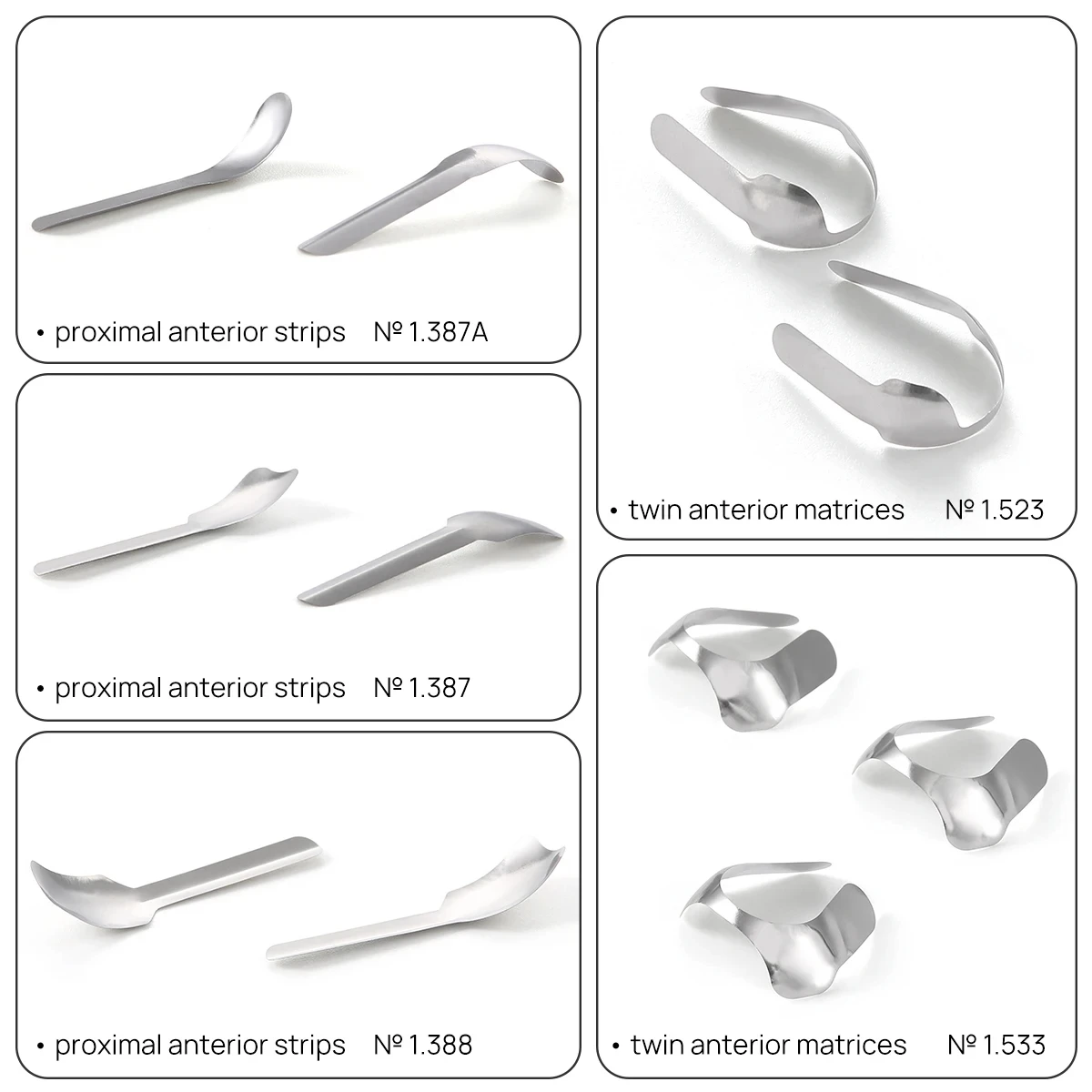 Zahnärztliche Anteriore Matrizen Proximale Streifen 1.387 1.387A 1.388 1.523 1.888 Konturierte Metall-Matrizenbänder aus Edelstahl – Detail 4