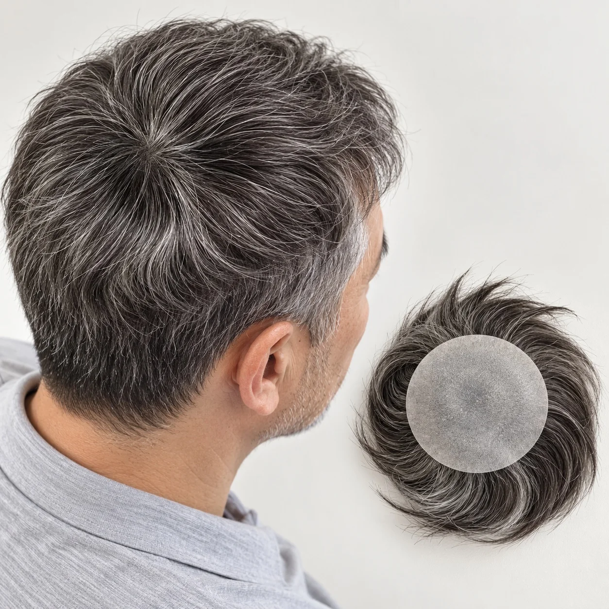 Men's Hair Patch 8x8cm Full PU Skin Base Salt and Pepper Human Hair Crown Topper Small Hairpiece for Bald Spot Coverage 1B40#
