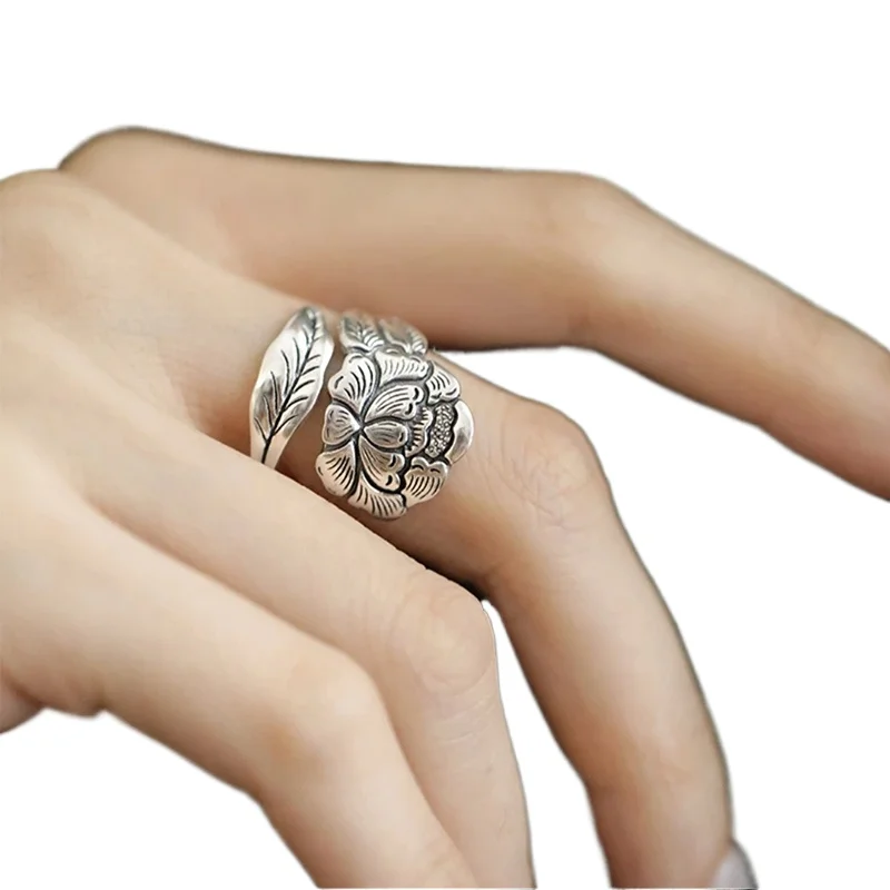 

925 sterling silver peony flower niche new Chinese open solid national style ring women's national style fashion