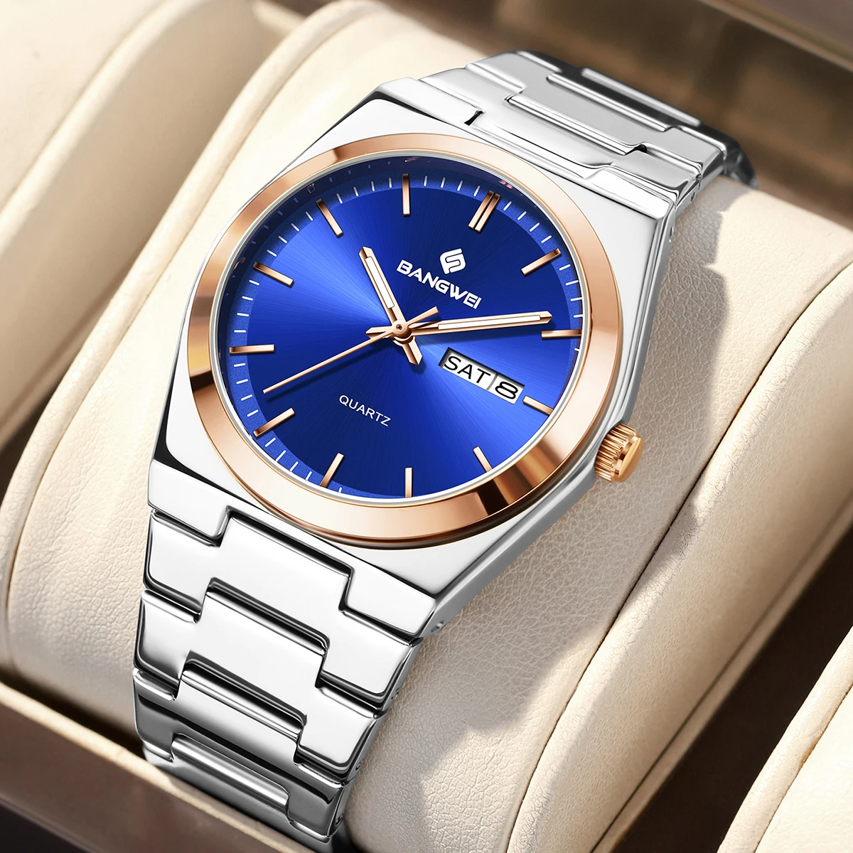 BANGWEI الفاخرة الرياضة كوارتز رجل ساعة اليد مقاوم للماء مضيئة تاريخ الأسبوع الرجال الساعات الفولاذ المقاوم للصدأ ساعة رجالي ذكر Reloj + صندوق