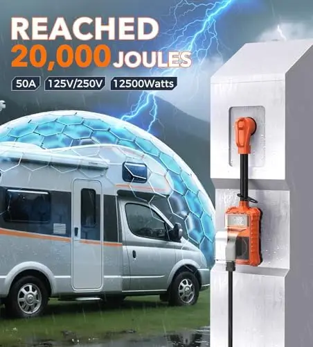 

RV Surge Protector 50 Amp with LED Display & Waterproof Cover - 20000J Surge Protection for Travel Trailers