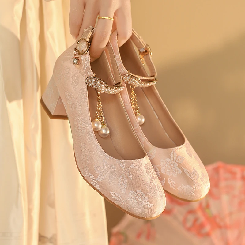 

YQBTDL 2026 Sweet Girls Pink Mary Janes Shoes Dresses Mori Student's 4.5cm Block Heel Party Princess Pumps From 9 To 18 Years