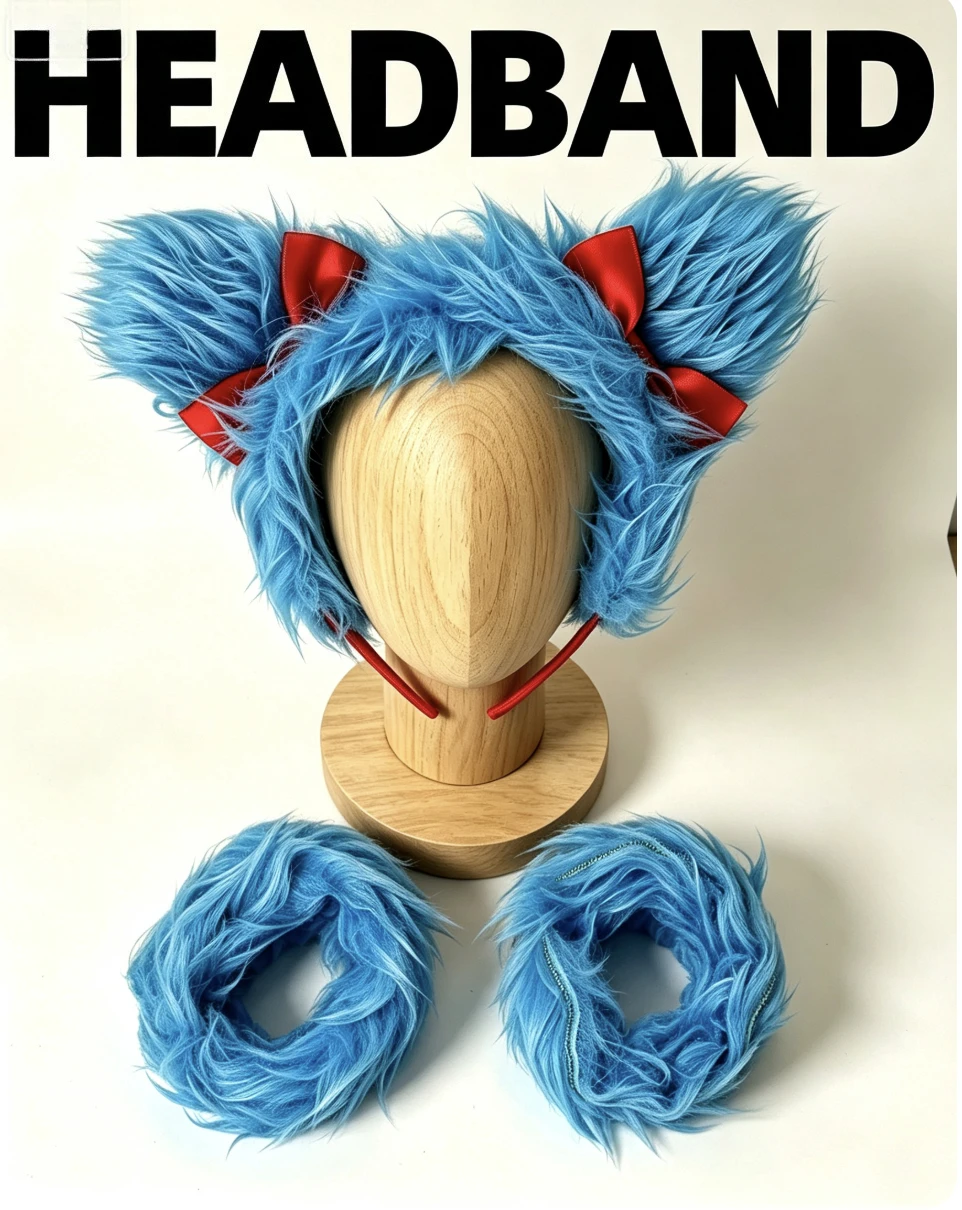 Cartoon Anime Blue Fluffy Plush Headband Wrist Cuffs With Red Bow Decoration Kid Halloween Party Children Day Dress up Accessory