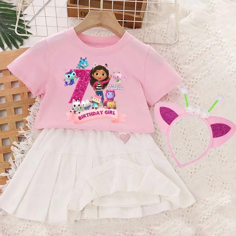 

Gabbys Dollhouses Birthday T-shirt and Short Skirts Set Girl Anime Cartoon Short Sleeve+Skirts Children Tops Dress Tee Hairband