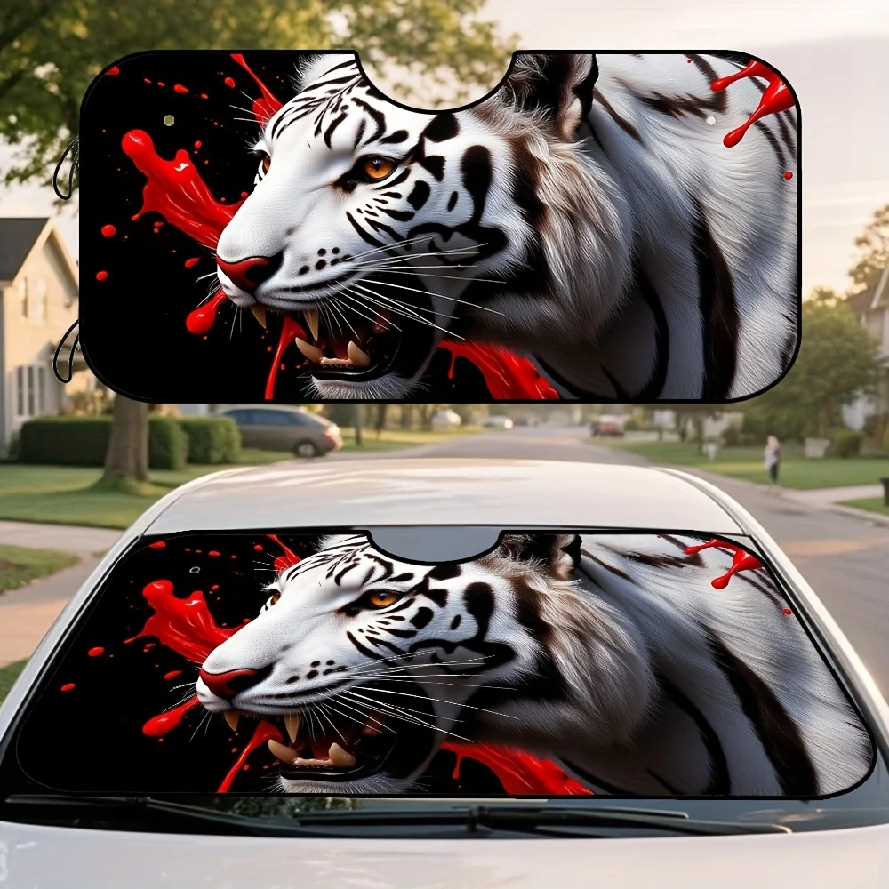 1pc Car Sun Visor - Angry White Tiger With Red Splash Design, Sun Glare Reduction & Privacy Shade, Suction Cup Mounting For Cars