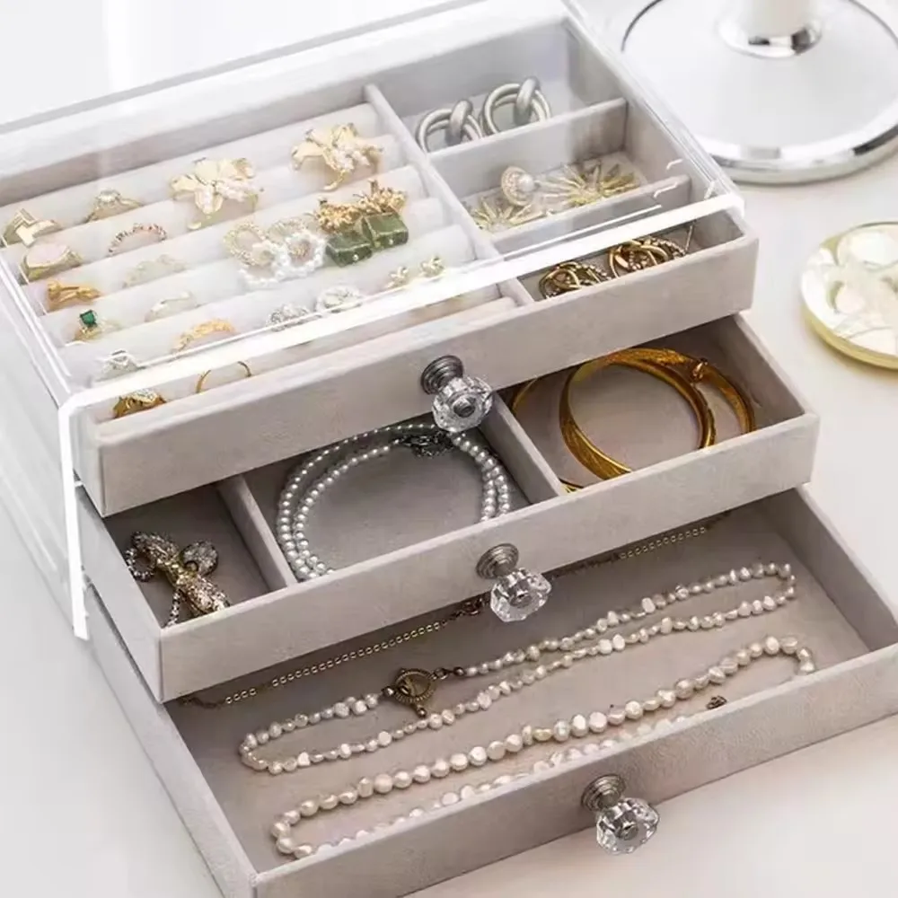 

High-Capacity Three-Layer Flannel Jewelry Box with Drawers Storage for Earrings Necklaces Rings - Organizer Case