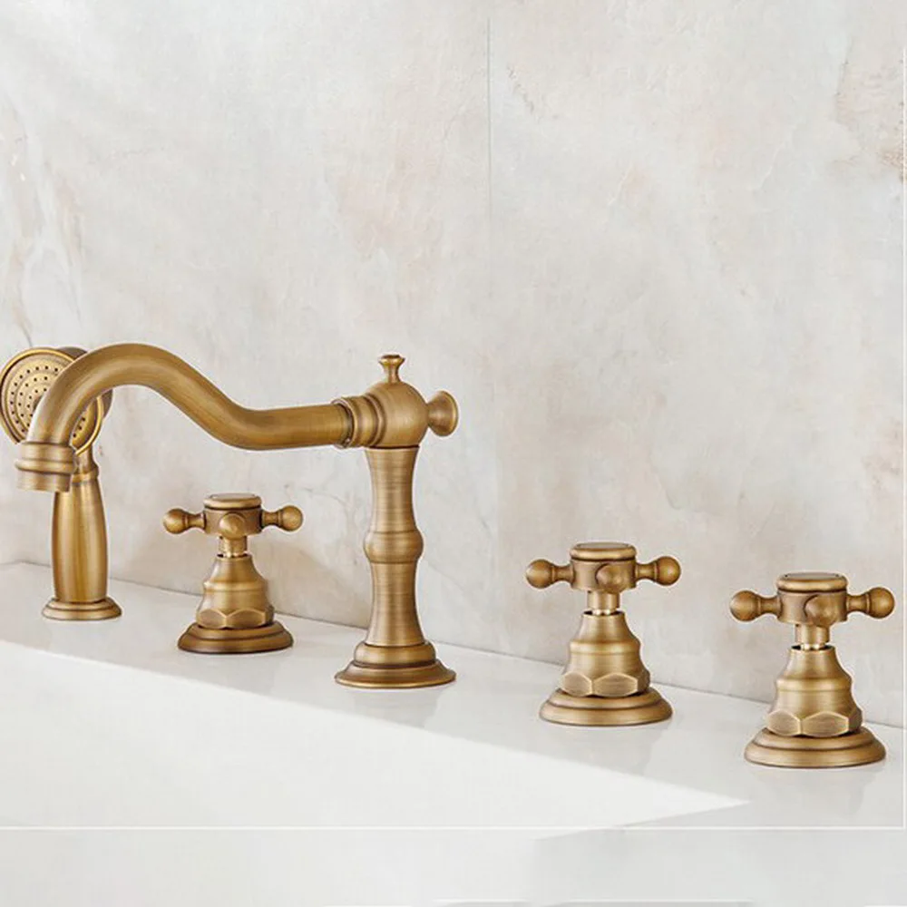 Antique Brass Roman Bath Tub Faucet with Hand Shower Deck Mounted 5 Holes Bathtub Taps ttf035