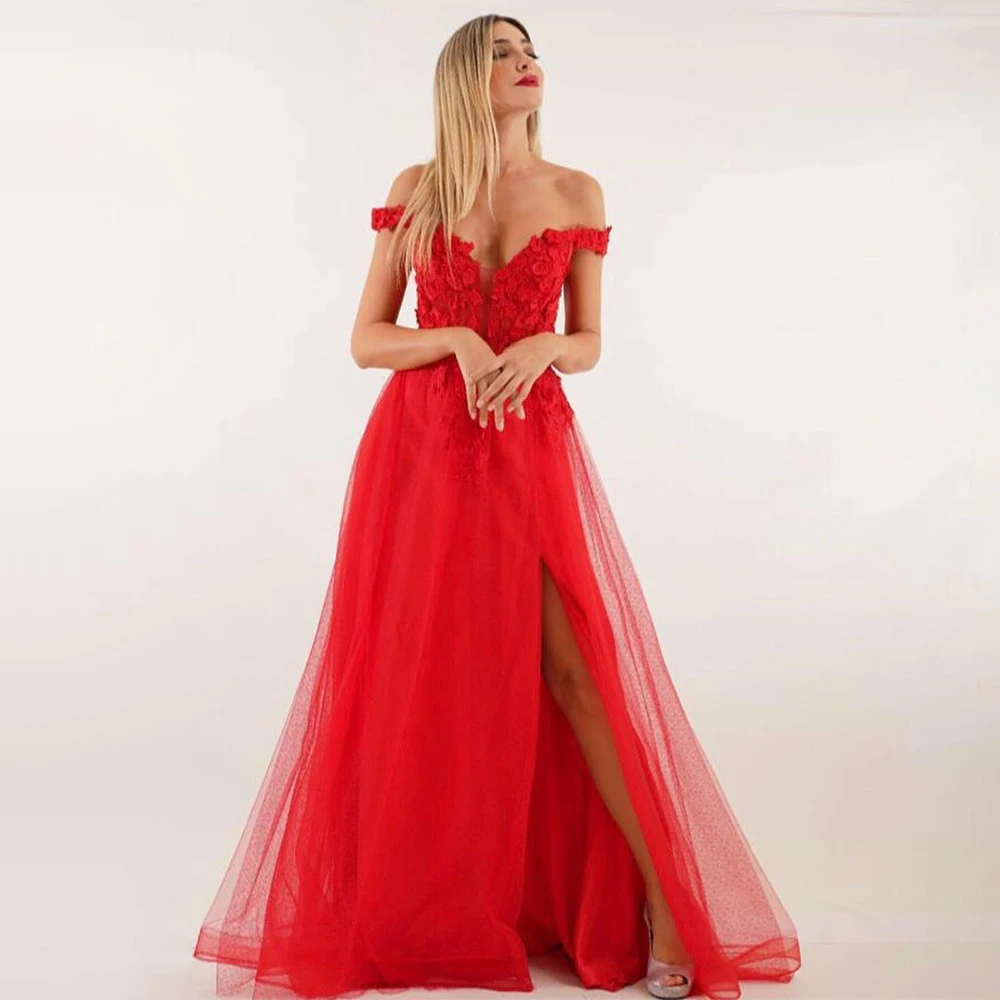 

Red Tulle Prom Dress Deep V Neck Off the Shoulder 3D Flower Evening Dresses for Women 2023 Side Slit A Line Graduation Gown Long