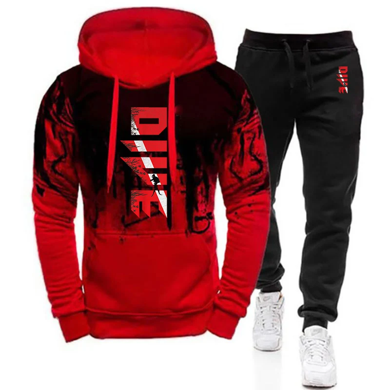 2025 Men's New Spring Autumn Casual Scuba Diving Diver Down Flag Print Gradient Color Pullover + Sweatpants Two Piece Suit