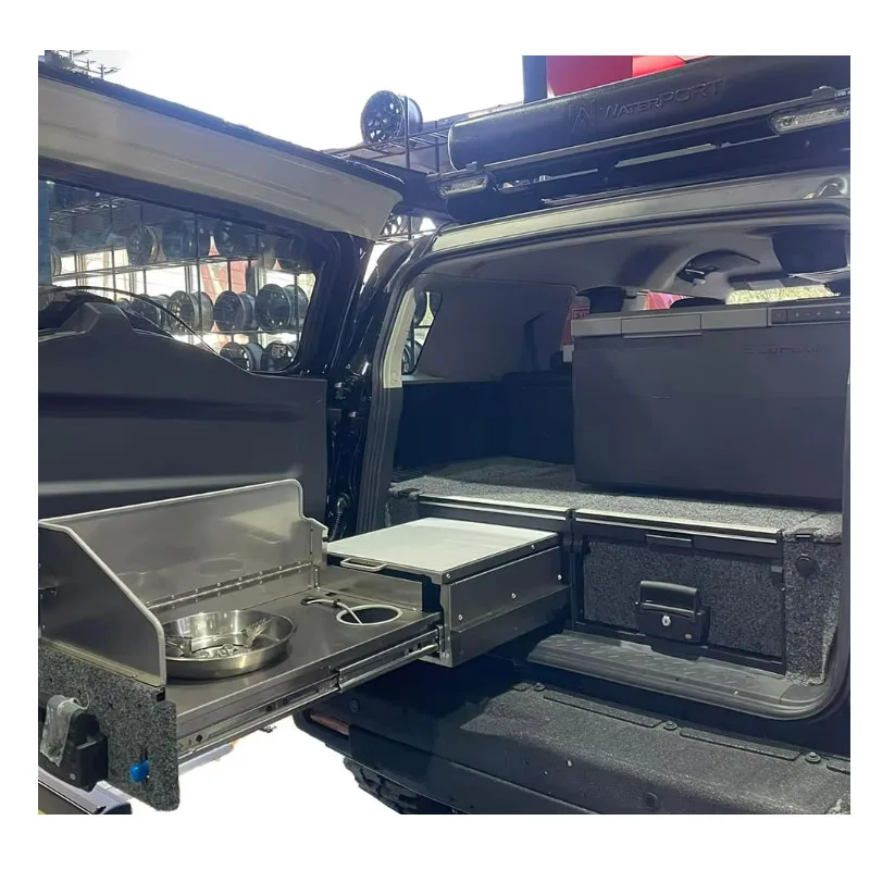 RV Campervan Rear Kitchen Slide Out Drawer with Sink & Folding Table, Stainless Steel Overland Vehicle Storage System