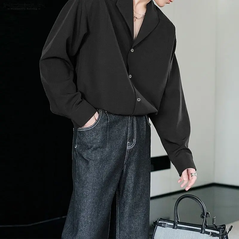 

INCERUN Мужская рубашка сплошной цвет с лацканами и длинными рукавами на пуговицах свободная повседневная мужская одежда уличная мода для отдыха мужские рубашки топы