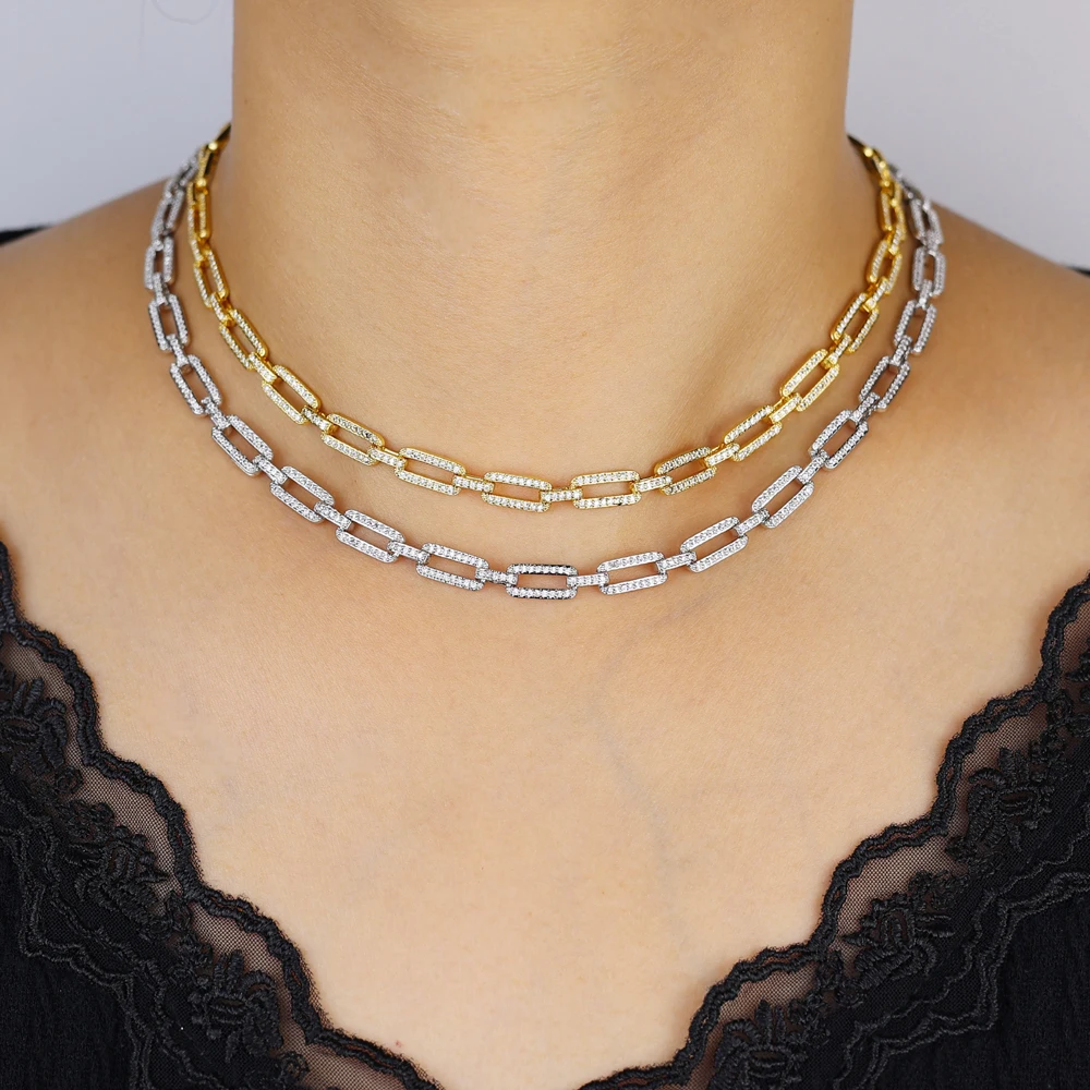 

Micro Paved 5A CZ Sparking Bling Fashion Jewelry Geometric Paper Clip Rectangle Cuban Chain Choker Necklace Drop Earring Set