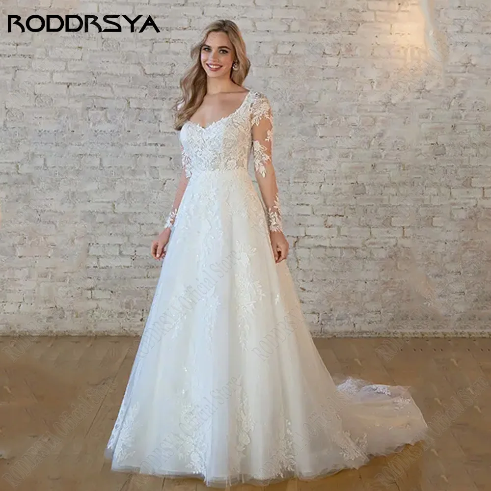 Vestido de novia elegante roddrsya vestido de novia de manga larga con cuello eRODDRSYA-vestido de novia elegante de manga larga con cuello en V, vestidos de novia sin espalda, apliques de encaje, línea A, talla grande