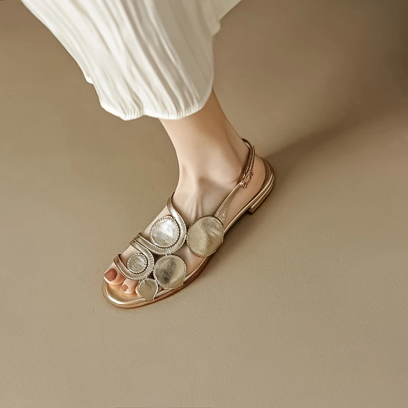 2024 New Fashion Genuine Leather Women Shoes Casual Belt Buckle Women Sandals Flat with Handmade Slippers Sandal big size 40 41