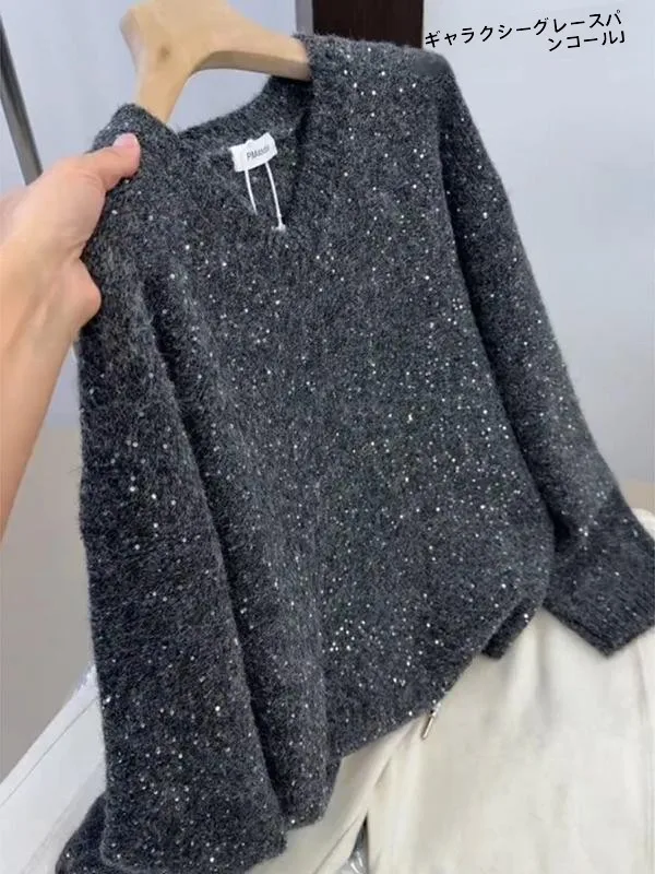 Galaxy Grey Wool Sweater Women's Heavyweight Soft V-neck Casual Commute Style Korean Version Winter Fashion Warmth Sparkling
