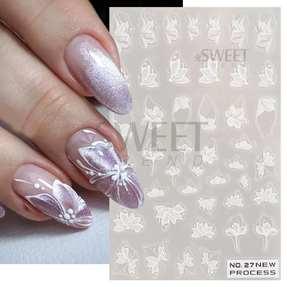 White Lace Flower Nail Art Sticker Acrylic Floral Charm Adhesive Sliders Elegant Wedding Bride Simple Line Design Manicure Decal