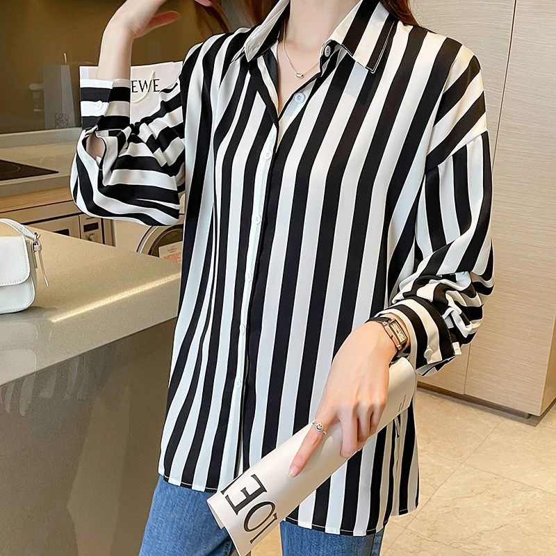 Striped Shirt for Women Flowy Button Down Lapel Collared Long Sleeve Blouse Black and White Vertical Striped Tops Classic Outfit