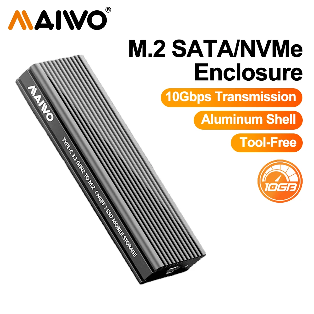 

MAIWO M.2 SATA and NVMe Combo SSD Enclosure with Aluminum Heat Sink Shell USB3.2 Gen2 Type C 10Gbps Support UASP for Laptop