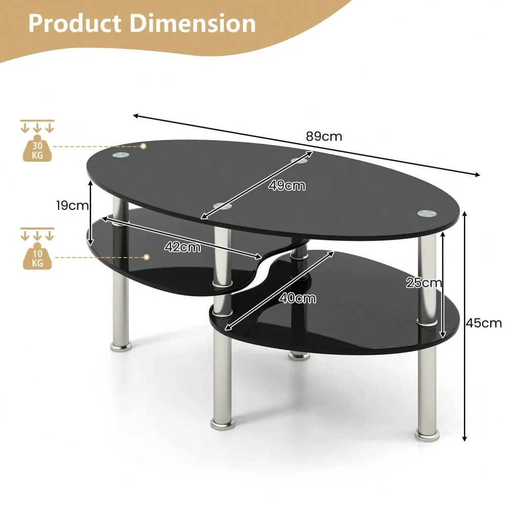 

Tempered Glass Oval Side Coffee Table Shelf Chrome Base Living Room