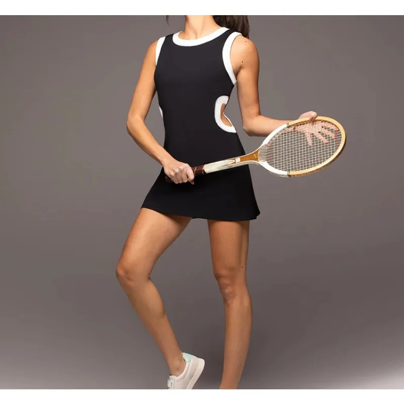 New Sleeveless Fashion with Bottom Pants, Anti Glare Sports Tennis Skirt with Chest Cushion, Sexy Women's Sports Dress