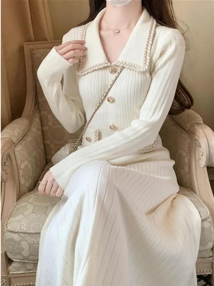 

New Fashion Autumn Winter Vintage Turndown Collar Gold Thread Knitted Dress Women's Bottoming Elegant Party Dresses