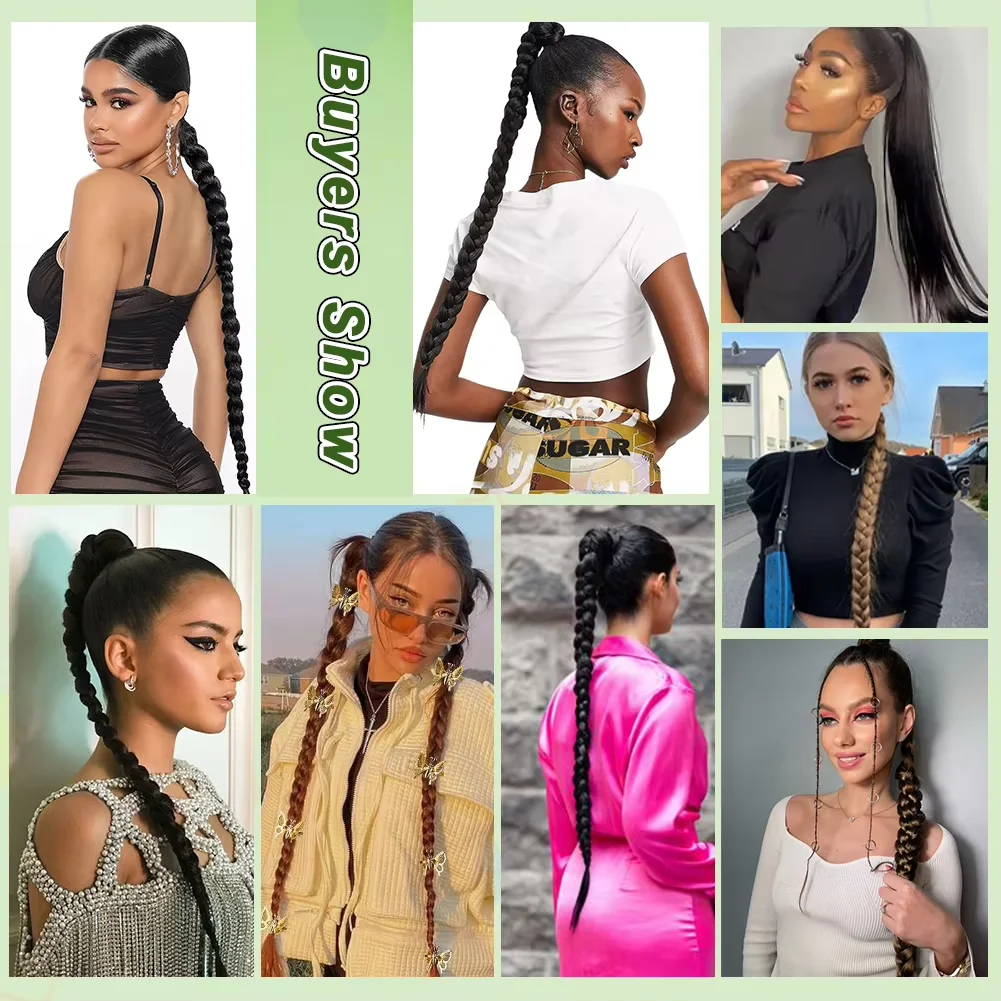 وصلة ذيل حصان طويلة مضفرة يمكنك صنعها بنفسك مع ربطة شعر مستقيمة ملفوفة حول وصلات الشعر على شكل ذيل حصان #4