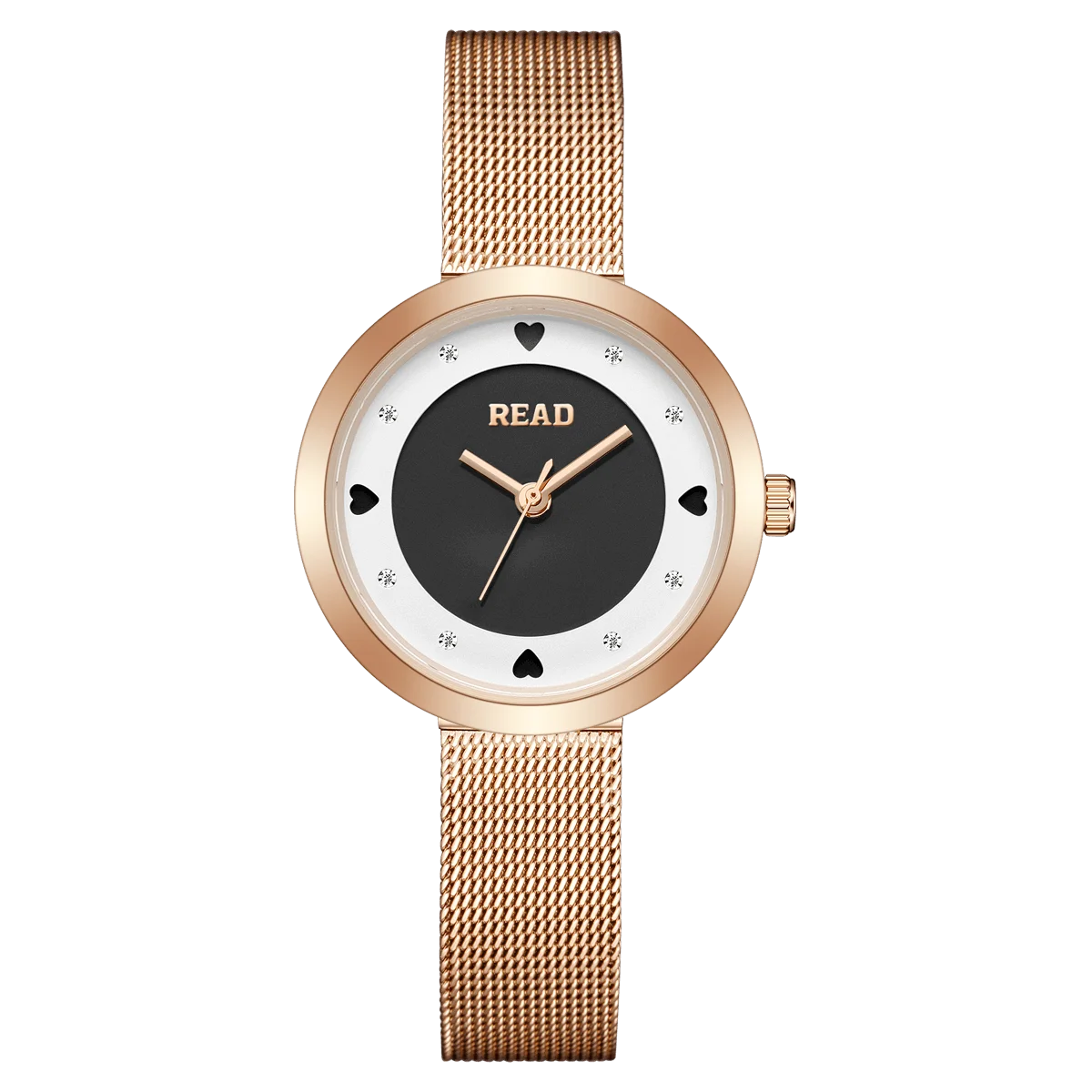 READ Women Quartz Watch | Black Bicolor Heart Dial | Rose Gold Mesh Band | 30M Water Resistant Folding Clasp Watch