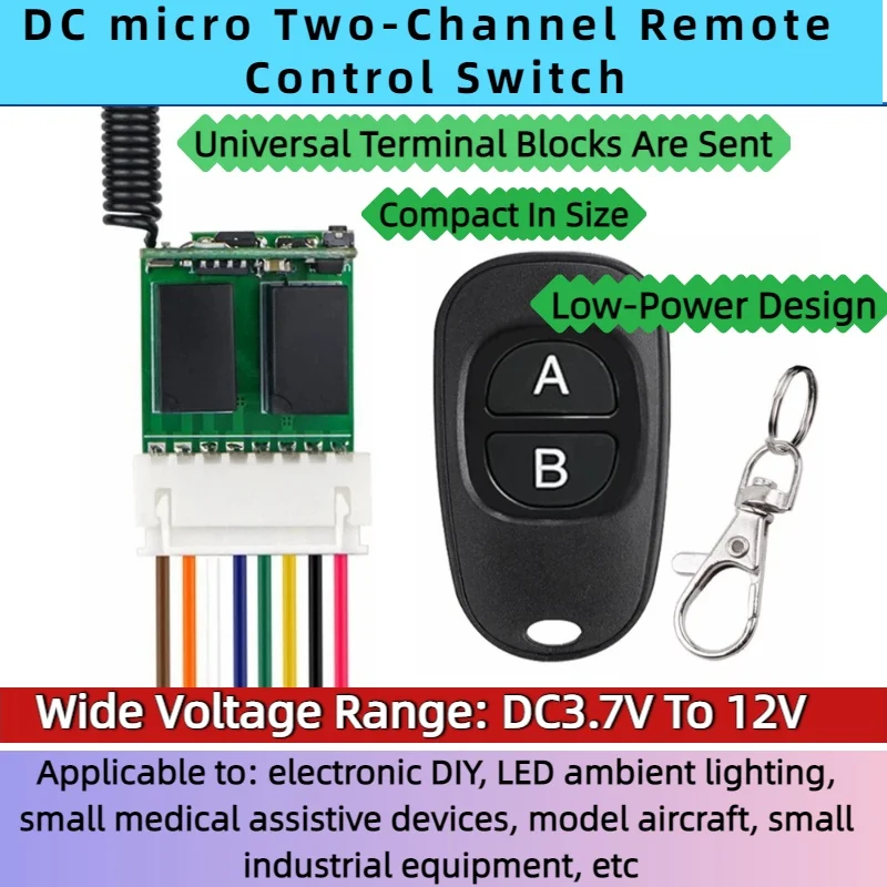 

433MHz Remote Control Switch DC3.7V 9V 12V 2CH Receiver, Used for Solenoid Valves, Access Control Locks, LED Wig Light Strips