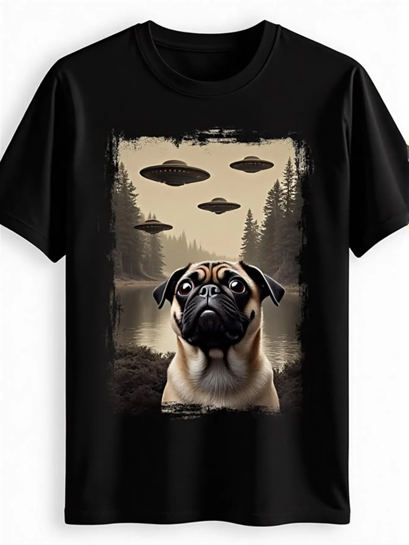 Funny Men's Black Graphic T-Shirt Pug Dog Forest Lake Flying Ufo Alien Spaceship Vintage Illustration Print 100% Cotton Heavyweight Short Sleeve Casual Streetwear Tee