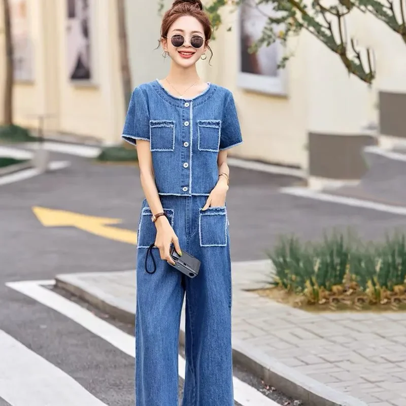 Лоскутные джинсовые женские костюмы, джинсовое однобортное пальто, широкие брюки, костюм, новинка лета 2025 года, модные женские комплекты из 2 предметов