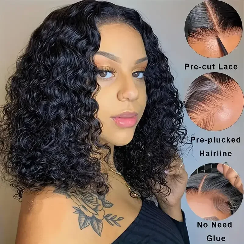 4x4 Put On And Go Glueless Bob Wigs Human Hair Curly For Women Pre Plucked Pre Cut Lace Ready To Wear Kinky Curly Lace Front Wig image 4