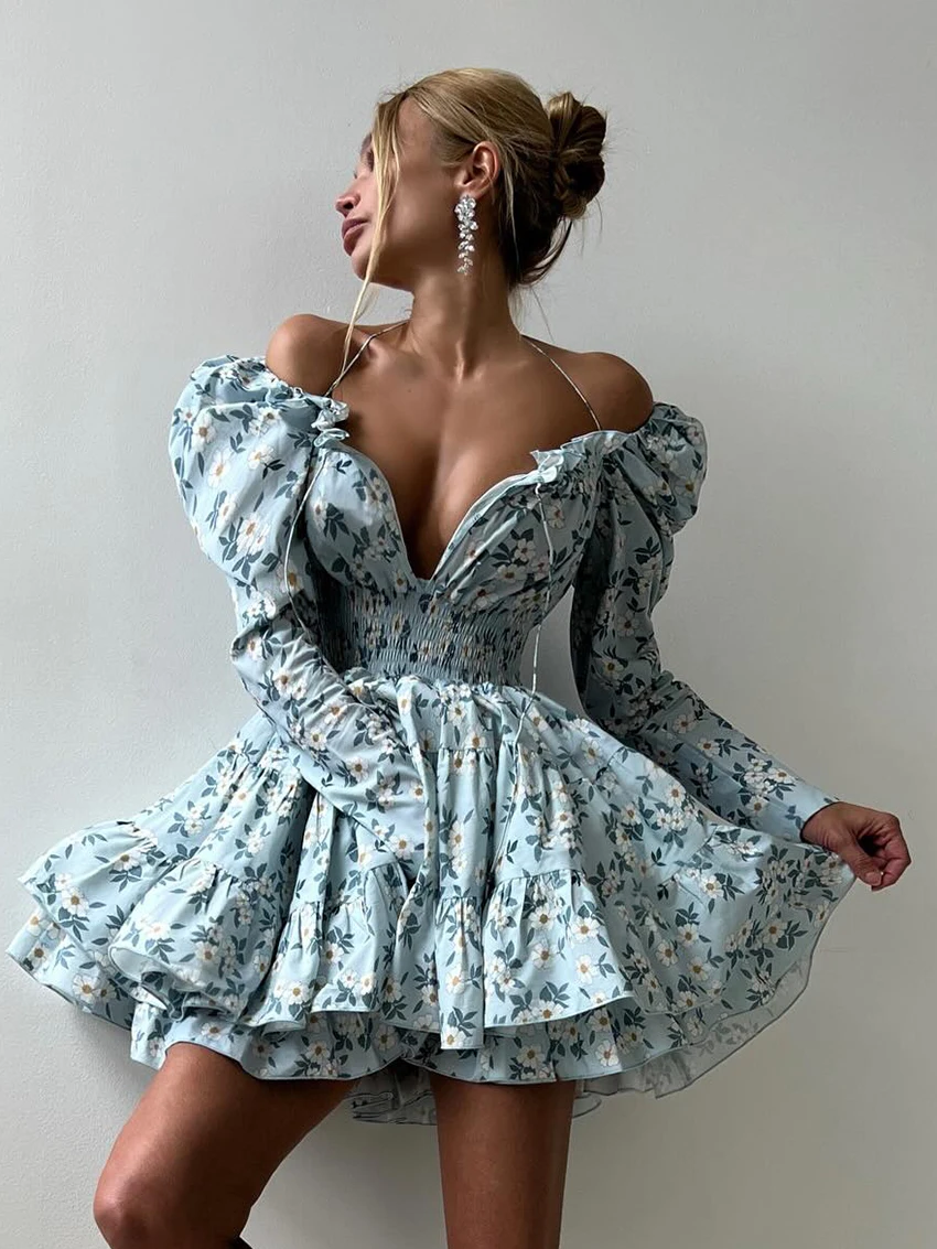 

Marthaqiqi Fashion Ladies Nightwear Sexy V-Neck Sleepwear Lace Up Pajamas Long Sleeve Nightie Mini Dress Autumn Female Nightgown
