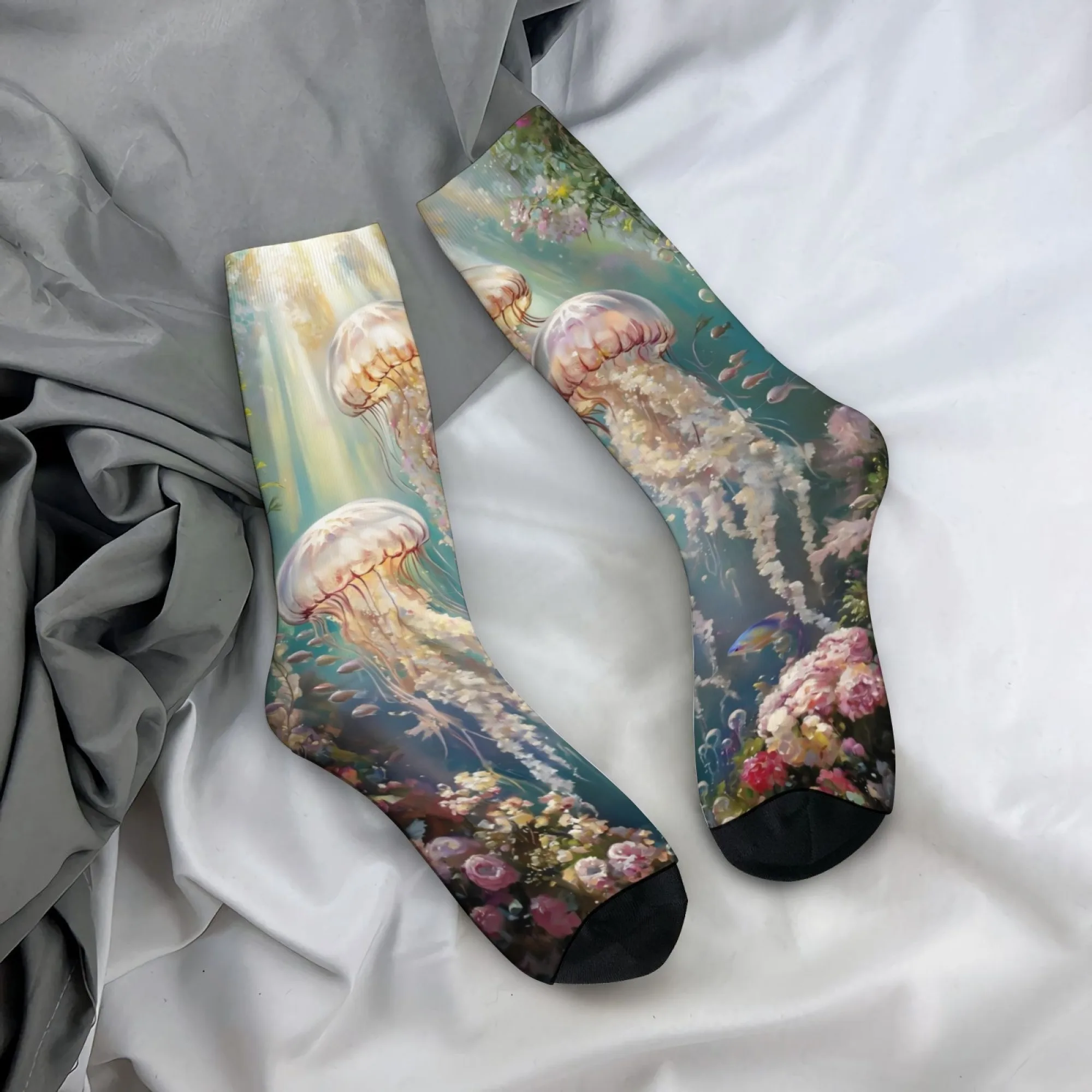 

Oil Painting Ocean Jellyfish Art Men's Socks Retro Style Comfortable Breathable Casual Sports Socks Novelty Funny Happy Socks