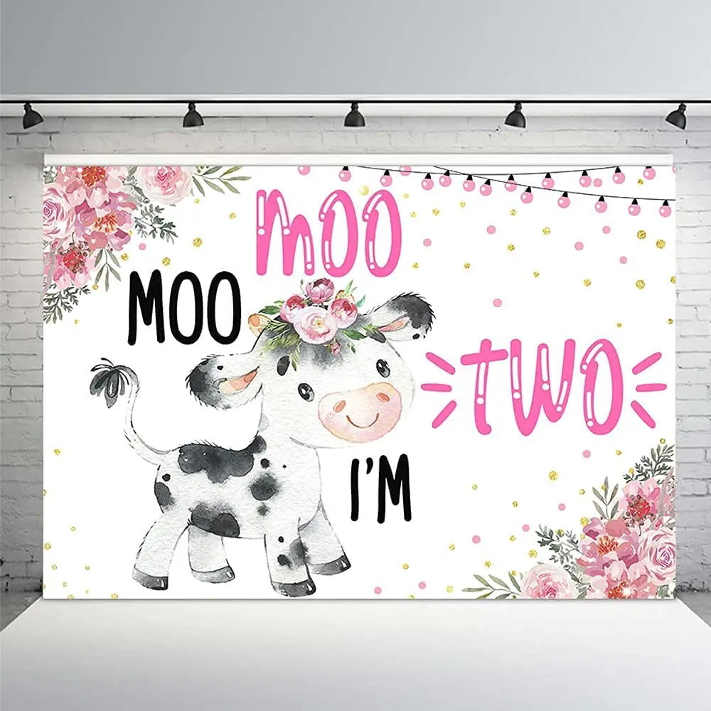 

Cow Baby Girl 2nd Birthday Photography Backdrop Two Pink Floral Party Banner Cake Table Gift Picture Background Photo Props