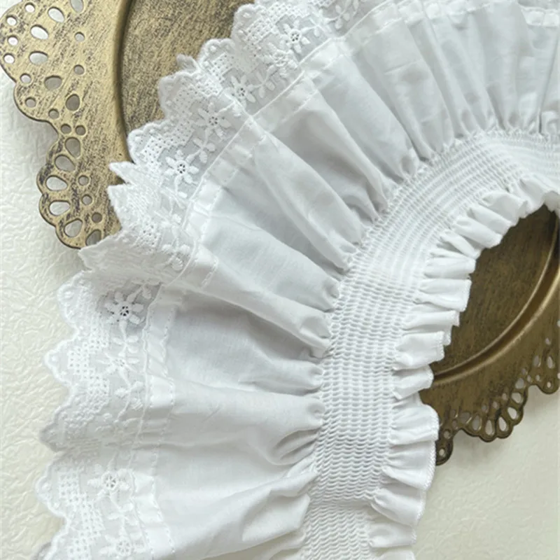 14CM Wide White Stretch Ruffled Cotton Elastic Lace Trim Embroidered Fringe Ribbon Dress Collar Curtains Fabric DIY Sewing Decor