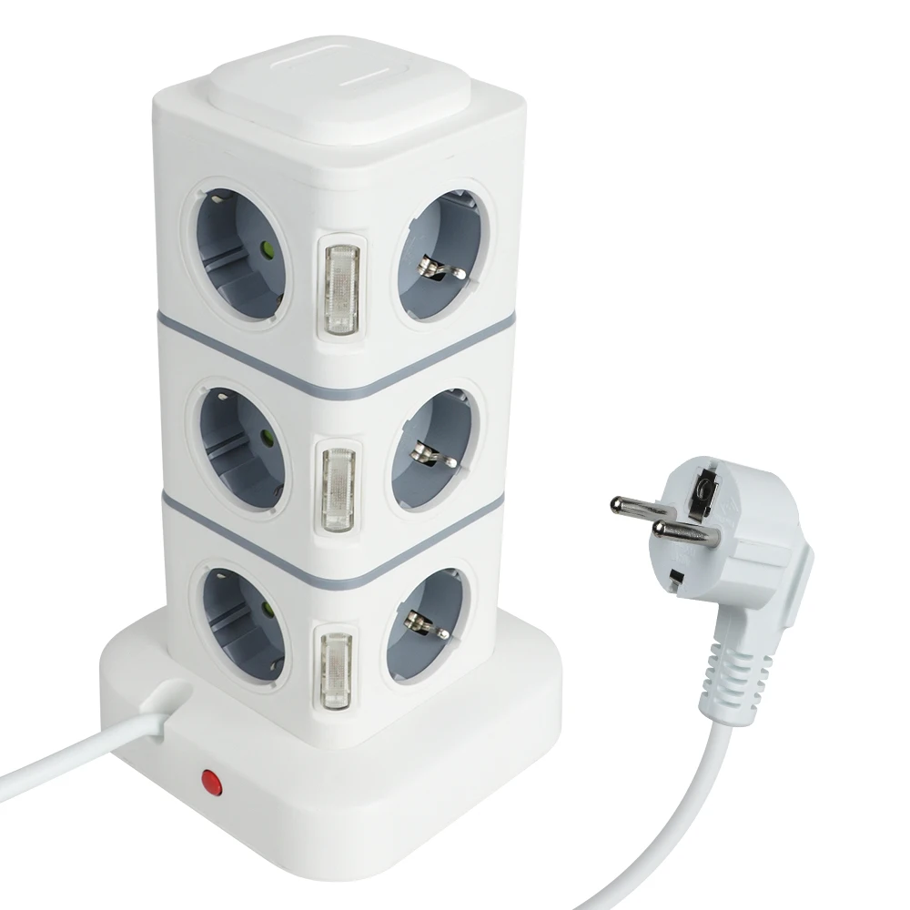 Tower 12 Way Outlets Socket 2.8m Extension Cord with 4 USB Overload Protector Switch EU Plug 5V 3.1A Multi Power Strip Vertical