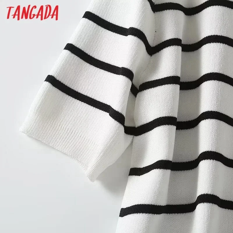 Tangada 2024 Women Striped Crop Knit Cardigan Sweaters Short Sleeve Female Outerwear 4C413