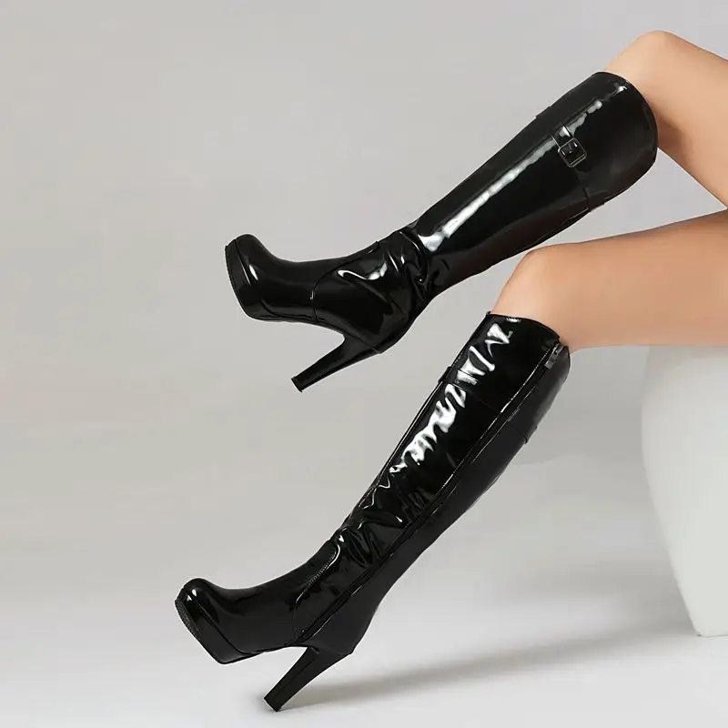 REAVE CAT Fashion Female Knee High Boots Round Toe Ultrahigh Heels 10cm Platform 2cm Size 41 42 43 Sexy Bota