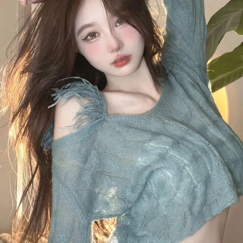 Sexy One-line Collar Off-shoulder Halter Top Short Bottoming Sweater Autumn